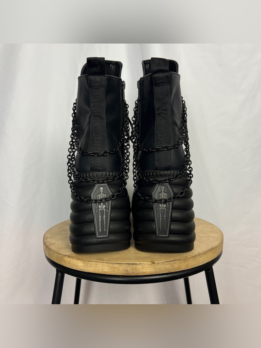 Black Demonia Morte-65 Skeleton Chained Wedge Platform Boots - Picture 4 of 8